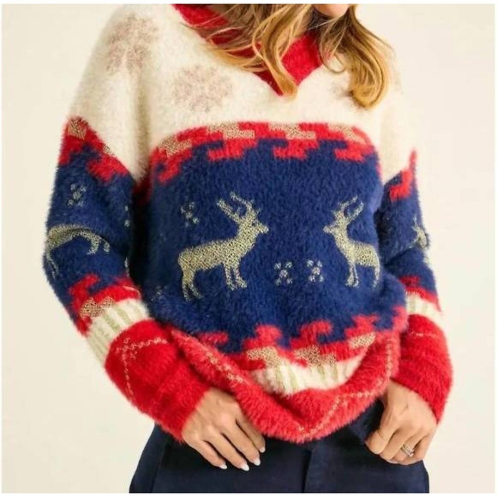 J.NNA Fuzzy SOFT Reindeer Snowflake Christmas Holiday Sweater Women's Size M